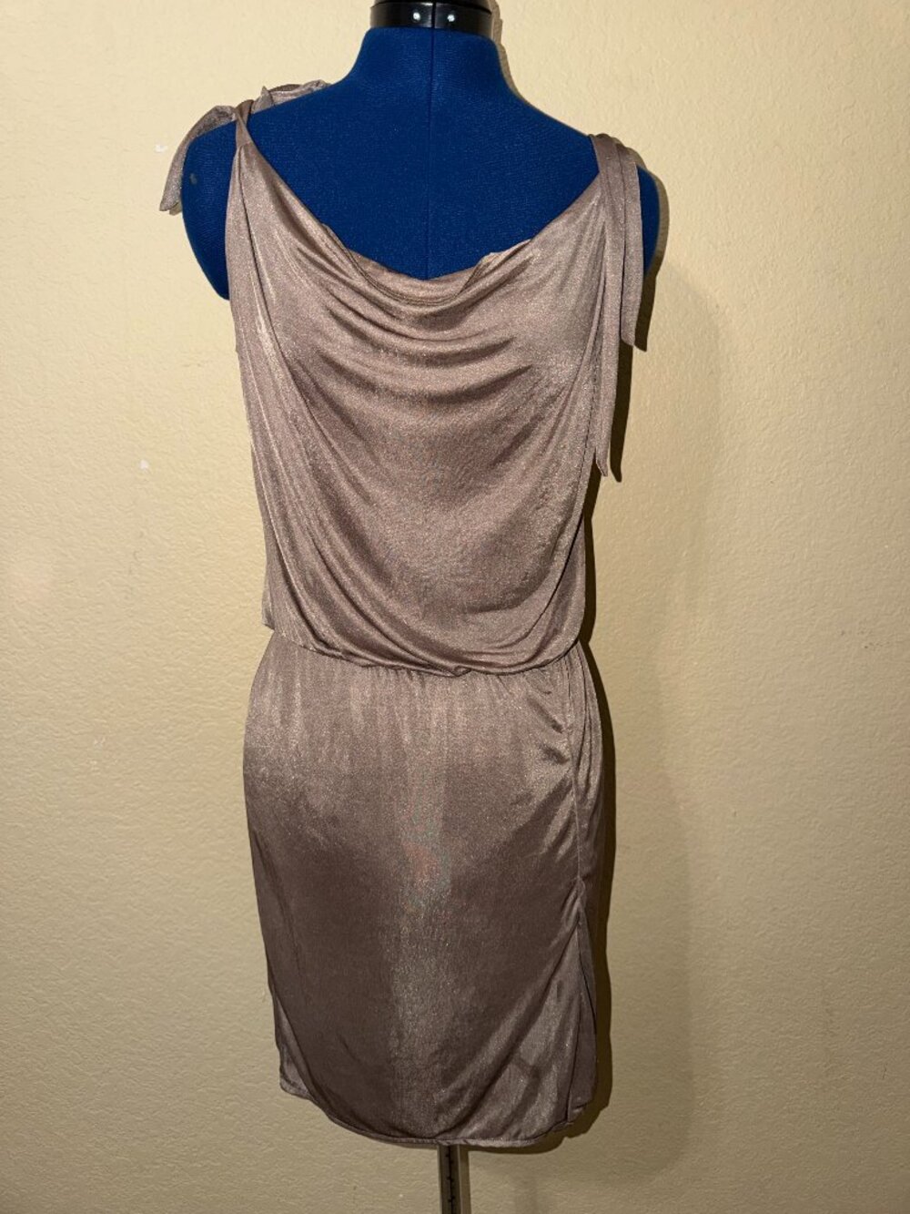 Fluxus Taupe Metallic Drapey Cowl Neck Mini Dress - Size Small